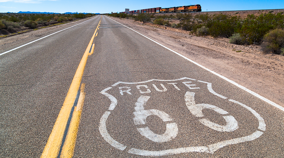 Route 66 sign on the road in California, USA